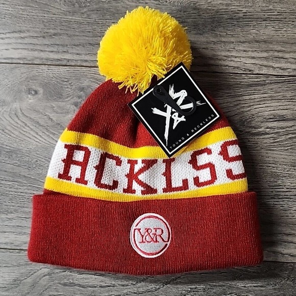 New Young & Reckless Lane Change Cap Hat Pom Beanie Red Yellow White - Picture 1 of 2
